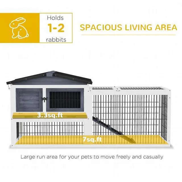 Alt view image 3 of 7 - PawHut 2 Levels Outdoor Rabbit Hutch Openable Top for Rabbits 59" Dark Gray | Wooden Large Rabbit Cage with Run, Weatherproof Roof, Removable Tray, Ramp, for Chickens, Ducks