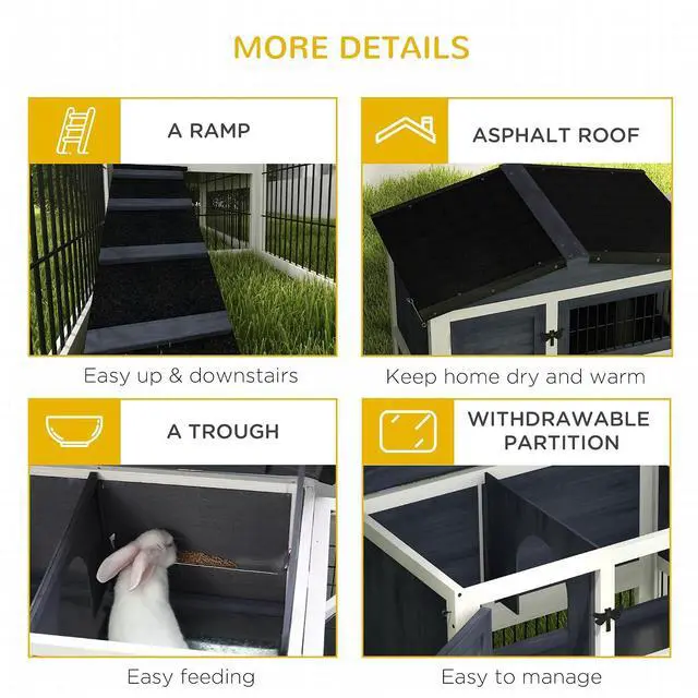 Alt view image 6 of 7 - PawHut 2 Levels Outdoor Rabbit Hutch Openable Top for Rabbits 59" Dark Gray | Wooden Large Rabbit Cage with Run, Weatherproof Roof, Removable Tray, Ramp, for Chickens, Ducks