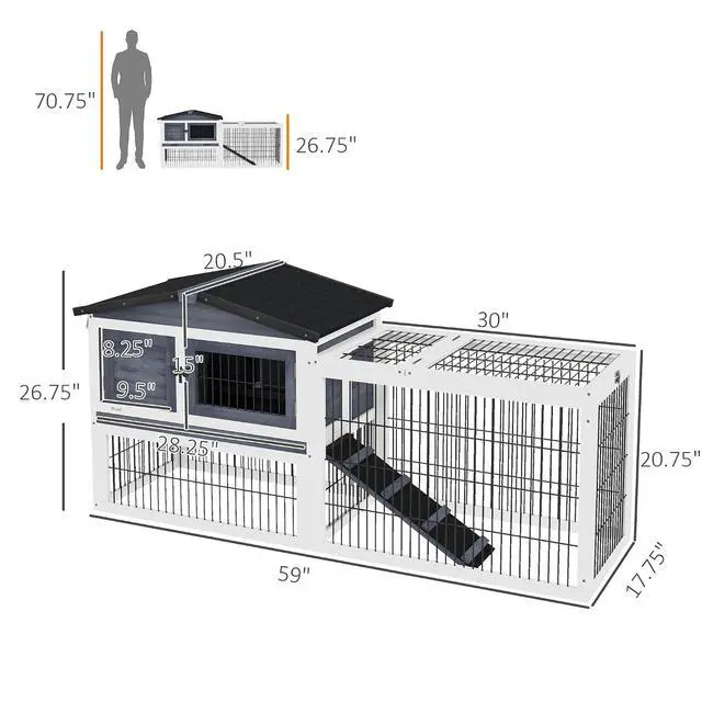 Alt view image 7 of 7 - PawHut 2 Levels Outdoor Rabbit Hutch Openable Top for Rabbits 59" Dark Gray | Wooden Large Rabbit Cage with Run, Weatherproof Roof, Removable Tray, Ramp, for Chickens, Ducks