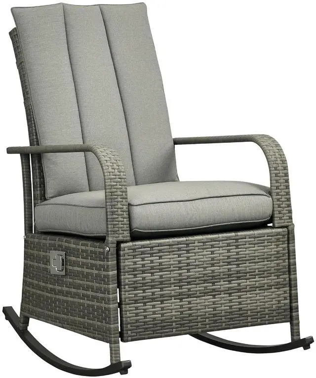 Main image of Wicker Outdoor Rocking Chair, Patio Recliner with Cushions Gray | Adjustment Backrest, PE Rattan Lounge Chair, Adjustable Footrest, Garden, Backyard, Porch