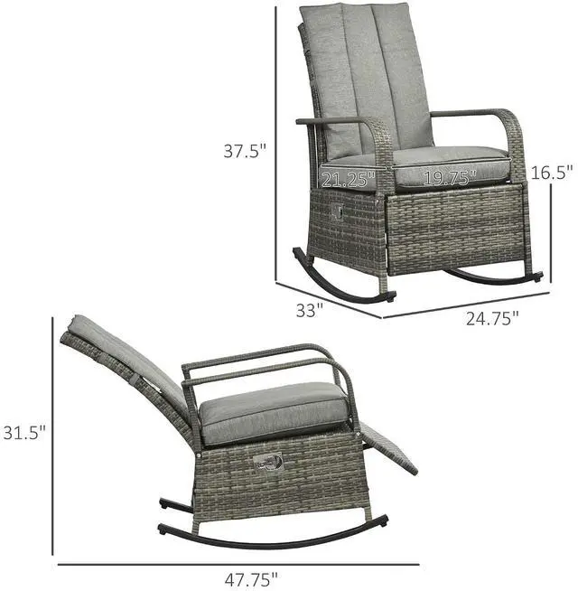 Alt view image 3 of 7 - Wicker Outdoor Rocking Chair, Patio Recliner with Cushions Gray | Adjustment Backrest, PE Rattan Lounge Chair, Adjustable Footrest, Garden, Backyard, Porch