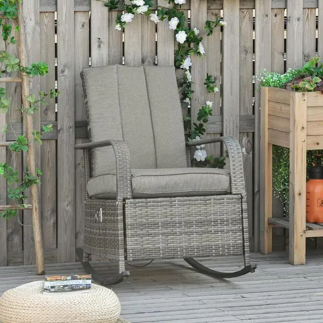 Alt view image 2 of 7 - Wicker Outdoor Rocking Chair, Patio Recliner with Cushions Gray | Adjustment Backrest, PE Rattan Lounge Chair, Adjustable Footrest, Garden, Backyard, Porch