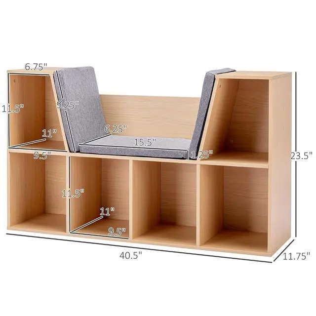 Alt view image 3 of 7 - 6-Cubby Kids Bookcase with Reading Nook and Cushion Natural | Multi-Purpose Storage Organizer, for Bedroom, Living Room