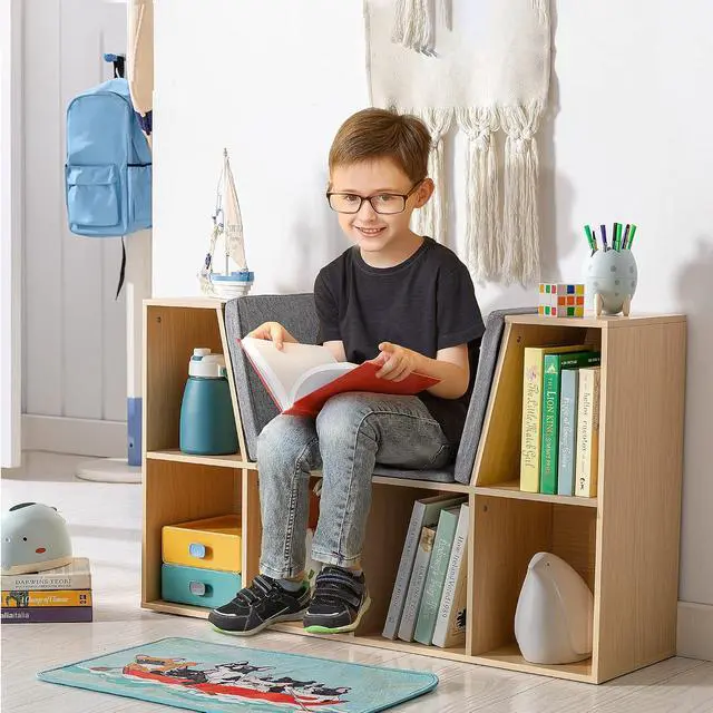 Alt view image 2 of 7 - 6-Cubby Kids Bookcase with Reading Nook and Cushion Natural | Multi-Purpose Storage Organizer, for Bedroom, Living Room