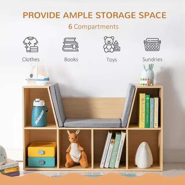 Alt view image 4 of 7 - 6-Cubby Kids Bookcase with Reading Nook and Cushion Natural | Multi-Purpose Storage Organizer, for Bedroom, Living Room