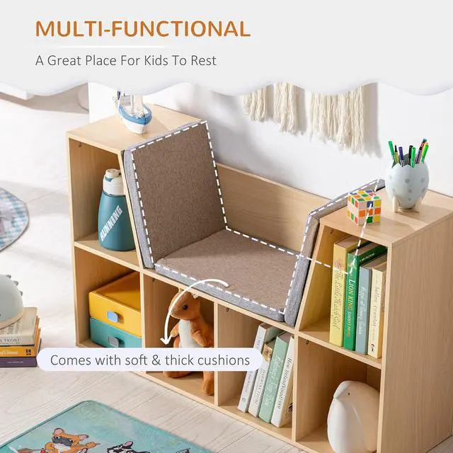 Alt view image 5 of 7 - 6-Cubby Kids Bookcase with Reading Nook and Cushion Natural | Multi-Purpose Storage Organizer, for Bedroom, Living Room