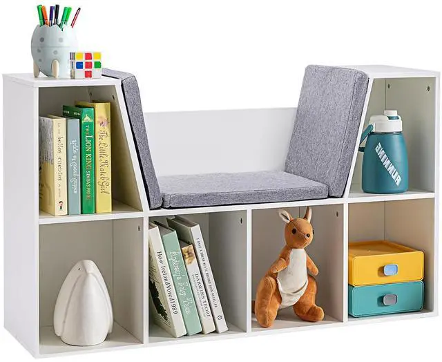 Main image of 6-Cubby Kids Bookcase with Reading Nook and Cushion Pure White | Multi-Purpose Storage Organizer, for Bedroom, Living Room