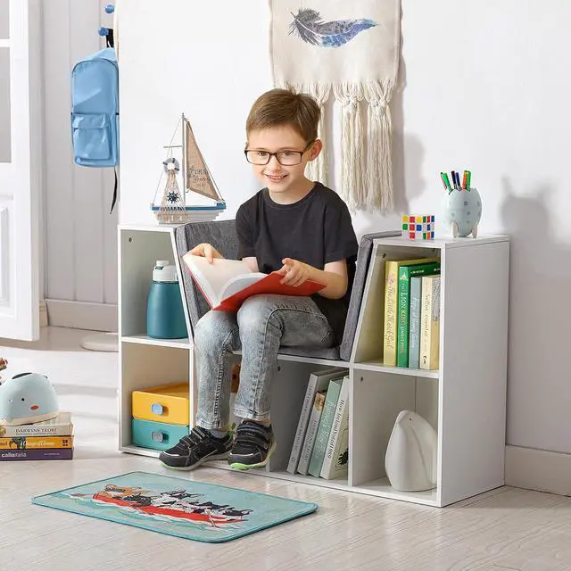 Alt view image 2 of 7 - 6-Cubby Kids Bookcase with Reading Nook and Cushion Pure White | Multi-Purpose Storage Organizer, for Bedroom, Living Room