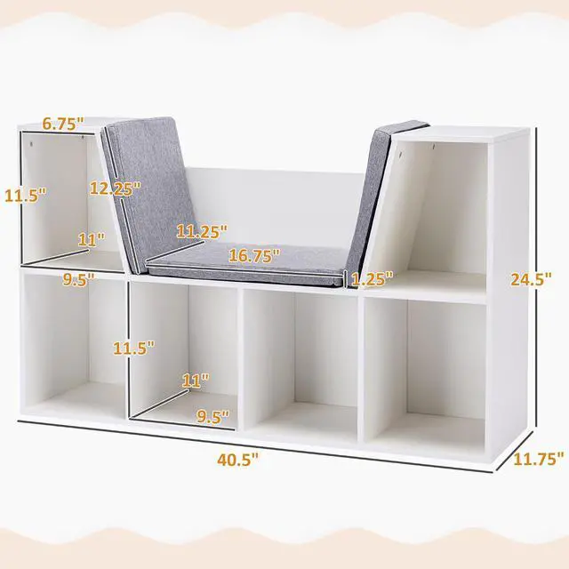 Alt view image 3 of 7 - 6-Cubby Kids Bookcase with Reading Nook and Cushion Pure White | Multi-Purpose Storage Organizer, for Bedroom, Living Room