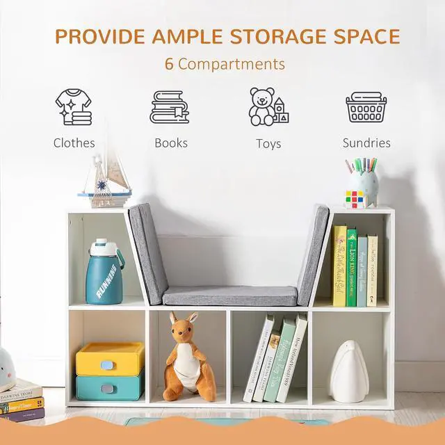 Alt view image 4 of 7 - 6-Cubby Kids Bookcase with Reading Nook and Cushion Pure White | Multi-Purpose Storage Organizer, for Bedroom, Living Room