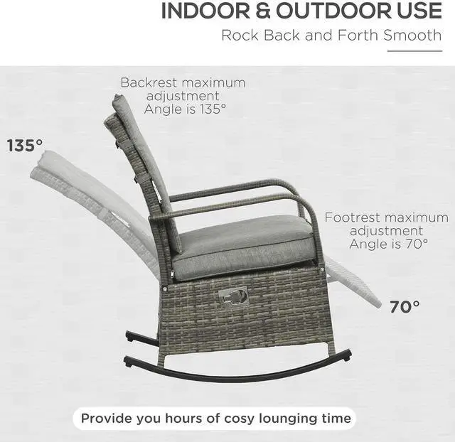 Alt view image 5 of 7 - Wicker Outdoor Rocking Chair, Patio Recliner with Cushions Gray | Adjustment Backrest, PE Rattan Lounge Chair, Adjustable Footrest, Garden, Backyard, Porch