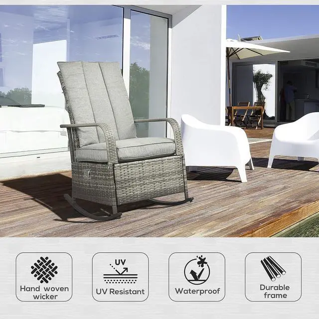 Alt view image 4 of 7 - Wicker Outdoor Rocking Chair, Patio Recliner with Cushions Gray | Adjustment Backrest, PE Rattan Lounge Chair, Adjustable Footrest, Garden, Backyard, Porch