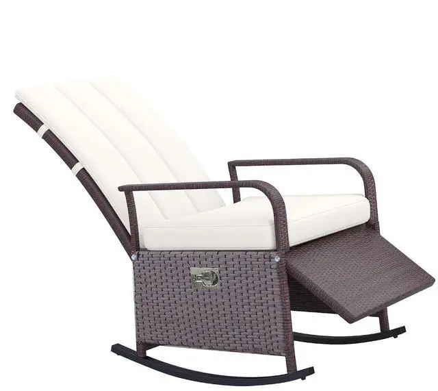 Main image of Wicker Outdoor Rocking Chair, Patio Recliner with Cushions Beige | Adjustment Backrest, PE Rattan Lounge Chair, Adjustable Footrest, Garden, Backyard, Porch