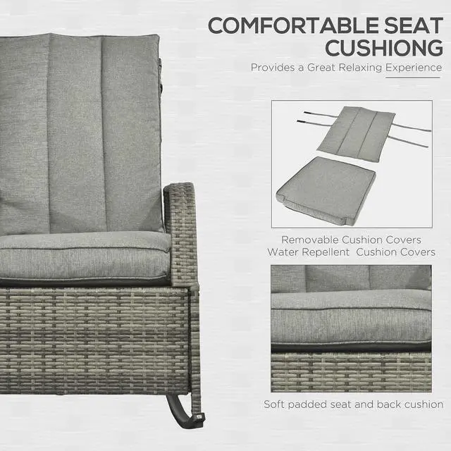 Alt view image 6 of 7 - Wicker Outdoor Rocking Chair, Patio Recliner with Cushions Gray | Adjustment Backrest, PE Rattan Lounge Chair, Adjustable Footrest, Garden, Backyard, Porch