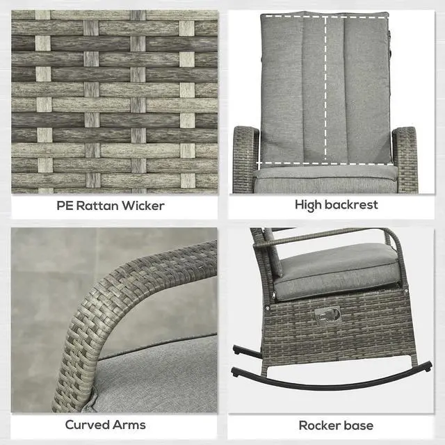 Alt view image 7 of 7 - Wicker Outdoor Rocking Chair, Patio Recliner with Cushions Gray | Adjustment Backrest, PE Rattan Lounge Chair, Adjustable Footrest, Garden, Backyard, Porch