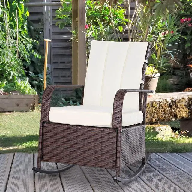 Alt view image 2 of 7 - Wicker Outdoor Rocking Chair, Patio Recliner with Cushions Beige | Adjustment Backrest, PE Rattan Lounge Chair, Adjustable Footrest, Garden, Backyard, Porch