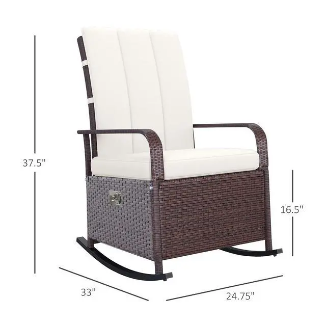 Alt view image 3 of 7 - Wicker Outdoor Rocking Chair, Patio Recliner with Cushions Beige | Adjustment Backrest, PE Rattan Lounge Chair, Adjustable Footrest, Garden, Backyard, Porch