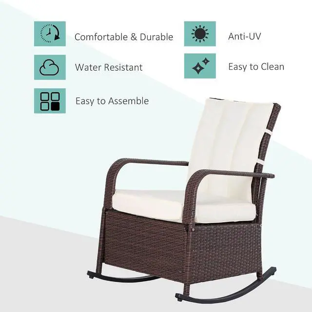Alt view image 4 of 7 - Wicker Outdoor Rocking Chair, Patio Recliner with Cushions Beige | Adjustment Backrest, PE Rattan Lounge Chair, Adjustable Footrest, Garden, Backyard, Porch