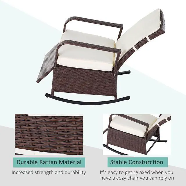 Alt view image 6 of 7 - Wicker Outdoor Rocking Chair, Patio Recliner with Cushions Beige | Adjustment Backrest, PE Rattan Lounge Chair, Adjustable Footrest, Garden, Backyard, Porch
