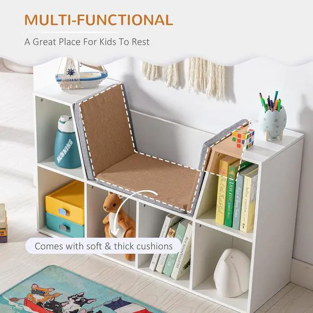 Alt view image 5 of 7 - 6-Cubby Kids Bookcase with Reading Nook and Cushion Pure White | Multi-Purpose Storage Organizer, for Bedroom, Living Room