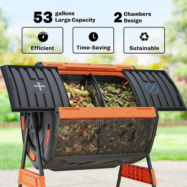 Alt view image 3 of 7 - Compost Bin Outdoor, 53 Gal Dual Chamber Compost Tumbler, Orange | 8 Adjustable Vents, BPA Free, Rotating Tumbling Composter, 2 Sliding Doors, Metal Frame, for Kitchen Garden Yard