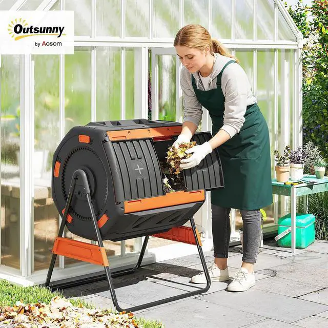 Alt view image 2 of 7 - Compost Bin Outdoor, 53 Gal Dual Chamber Compost Tumbler, Orange | 8 Adjustable Vents, BPA Free, Rotating Tumbling Composter, 2 Sliding Doors, Metal Frame, for Kitchen Garden Yard