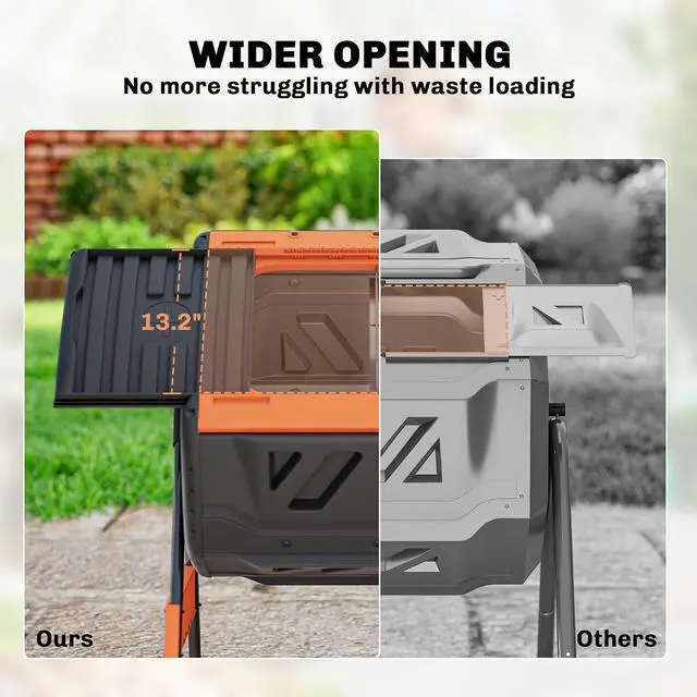 Alt view image 5 of 7 - Compost Bin Outdoor, 53 Gal Dual Chamber Compost Tumbler, Orange | 8 Adjustable Vents, BPA Free, Rotating Tumbling Composter, 2 Sliding Doors, Metal Frame, for Kitchen Garden Yard