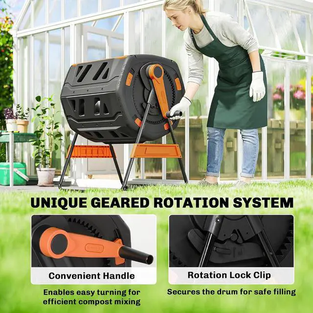 Alt view image 4 of 7 - Compost Bin Outdoor, 53 Gal Dual Chamber Compost Tumbler, Orange | 8 Adjustable Vents, BPA Free, Rotating Tumbling Composter, 2 Sliding Doors, Metal Frame, for Kitchen Garden Yard
