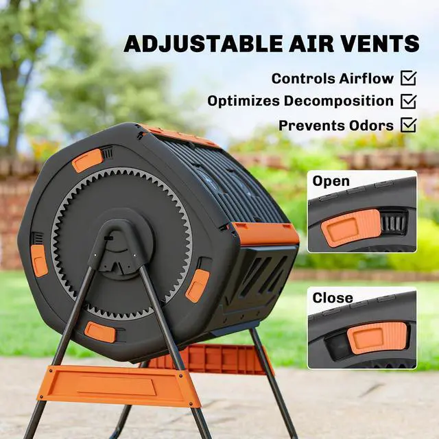 Alt view image 6 of 7 - Compost Bin Outdoor, 53 Gal Dual Chamber Compost Tumbler, Orange | 8 Adjustable Vents, BPA Free, Rotating Tumbling Composter, 2 Sliding Doors, Metal Frame, for Kitchen Garden Yard