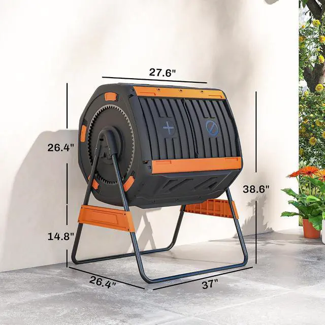 Alt view image 7 of 7 - Compost Bin Outdoor, 53 Gal Dual Chamber Compost Tumbler, Orange | 8 Adjustable Vents, BPA Free, Rotating Tumbling Composter, 2 Sliding Doors, Metal Frame, for Kitchen Garden Yard