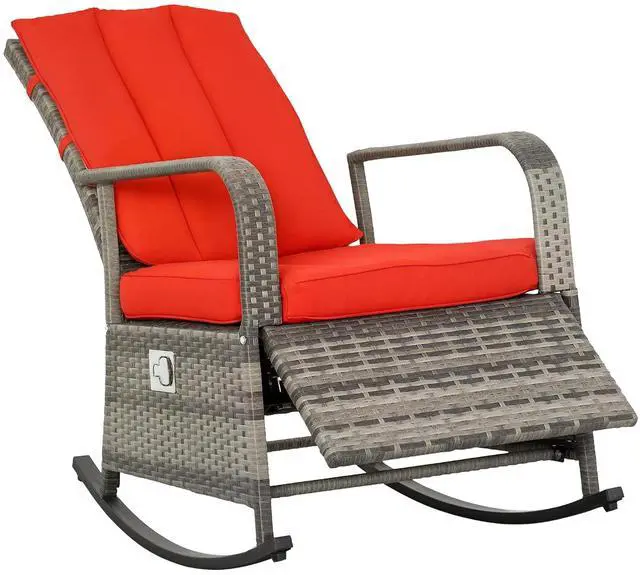 Main image of Wicker Outdoor Rocking Chair, Patio Recliner with Cushions Red | Adjustment Backrest, PE Rattan Lounge Chair, Adjustable Footrest, Garden, Backyard, Porch