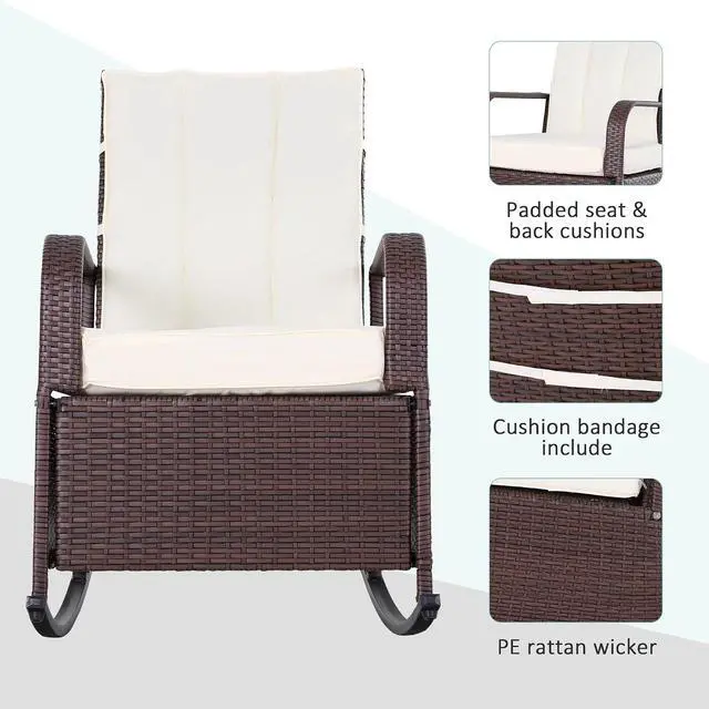 Alt view image 7 of 7 - Wicker Outdoor Rocking Chair, Patio Recliner with Cushions Beige | Adjustment Backrest, PE Rattan Lounge Chair, Adjustable Footrest, Garden, Backyard, Porch