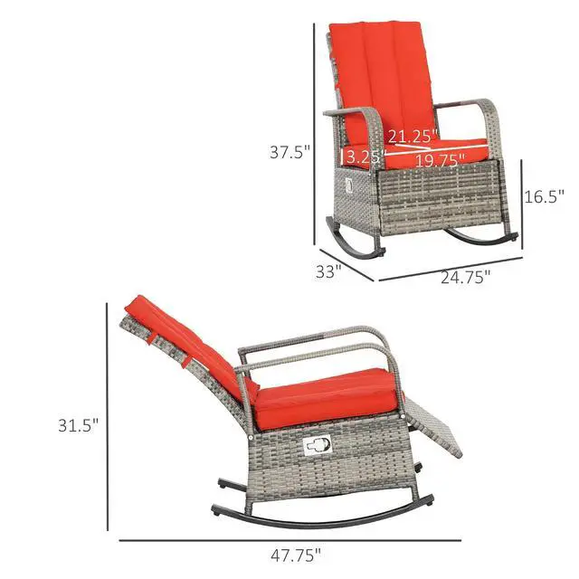 Alt view image 3 of 7 - Wicker Outdoor Rocking Chair, Patio Recliner with Cushions Red | Adjustment Backrest, PE Rattan Lounge Chair, Adjustable Footrest, Garden, Backyard, Porch