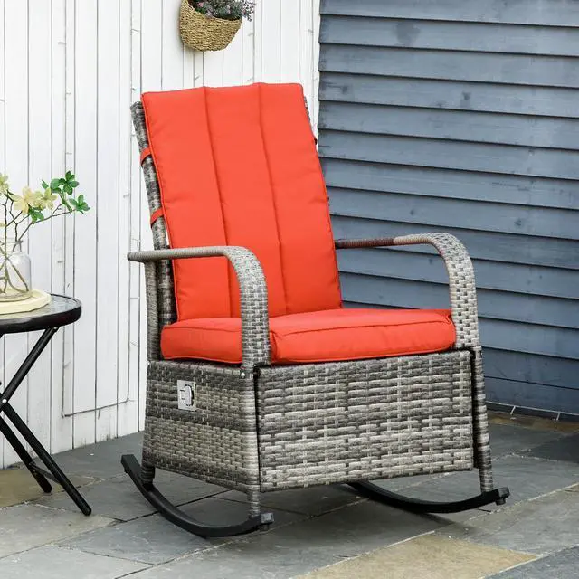 Alt view image 2 of 7 - Wicker Outdoor Rocking Chair, Patio Recliner with Cushions Red | Adjustment Backrest, PE Rattan Lounge Chair, Adjustable Footrest, Garden, Backyard, Porch
