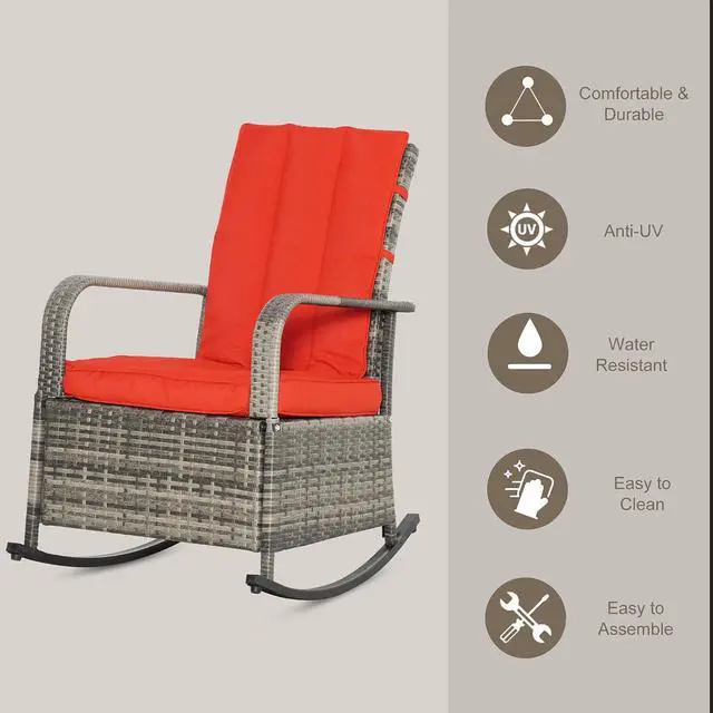 Alt view image 4 of 7 - Wicker Outdoor Rocking Chair, Patio Recliner with Cushions Red | Adjustment Backrest, PE Rattan Lounge Chair, Adjustable Footrest, Garden, Backyard, Porch