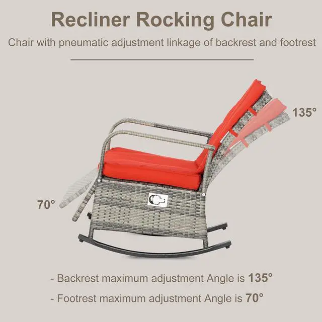 Alt view image 5 of 7 - Wicker Outdoor Rocking Chair, Patio Recliner with Cushions Red | Adjustment Backrest, PE Rattan Lounge Chair, Adjustable Footrest, Garden, Backyard, Porch