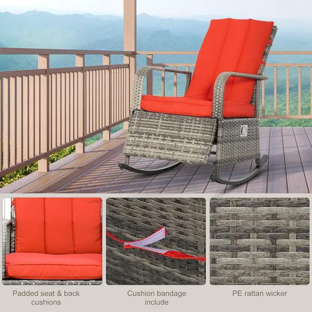Alt view image 7 of 7 - Wicker Outdoor Rocking Chair, Patio Recliner with Cushions Red | Adjustment Backrest, PE Rattan Lounge Chair, Adjustable Footrest, Garden, Backyard, Porch