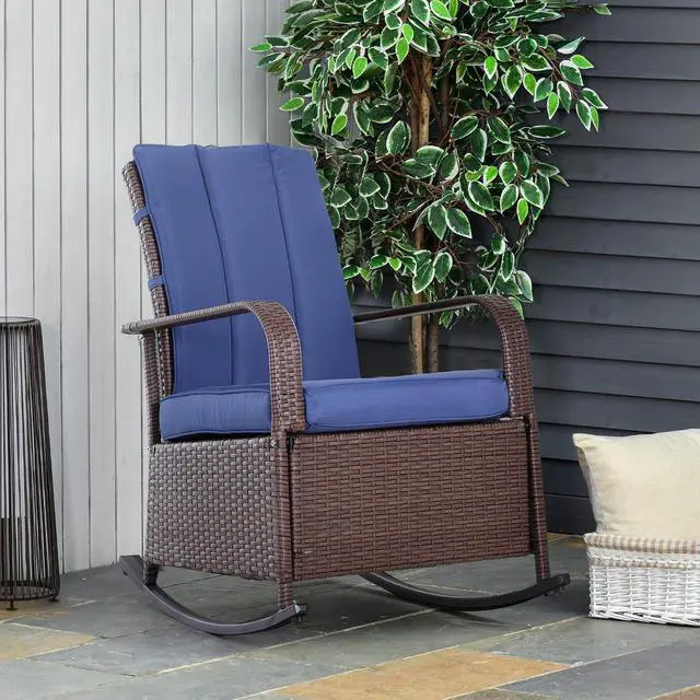 Alt view image 2 of 7 - Wicker Outdoor Rocking Chair, Patio Recliner with Cushions Blue | Adjustment Backrest, PE Rattan Lounge Chair, Adjustable Footrest, Garden, Backyard, Porch