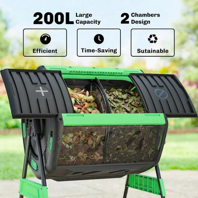 Alt view image 3 of 7 - Compost Bin Outdoor, 53 Gal Dual Chamber Compost Tumbler, Green | 8 Adjustable Vents, BPA Free, Rotating Tumbling Composter, 2 Sliding Doors, Metal Frame, for Kitchen Garden Yard