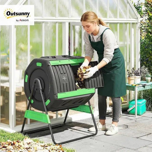 Alt view image 2 of 7 - Compost Bin Outdoor, 53 Gal Dual Chamber Compost Tumbler, Green | 8 Adjustable Vents, BPA Free, Rotating Tumbling Composter, 2 Sliding Doors, Metal Frame, for Kitchen Garden Yard