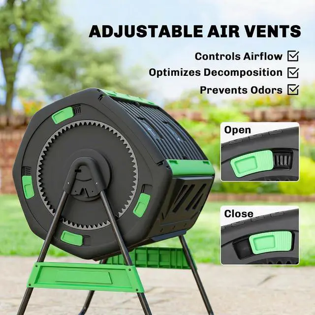 Alt view image 6 of 7 - Compost Bin Outdoor, 53 Gal Dual Chamber Compost Tumbler, Green | 8 Adjustable Vents, BPA Free, Rotating Tumbling Composter, 2 Sliding Doors, Metal Frame, for Kitchen Garden Yard