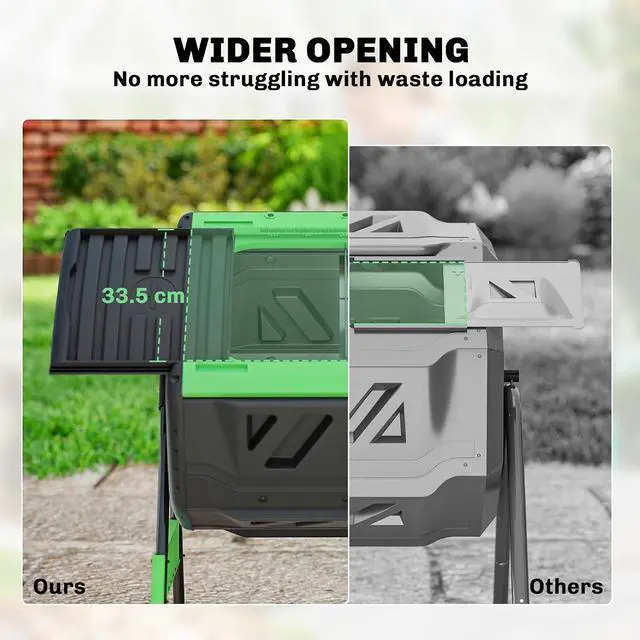 Alt view image 5 of 7 - Compost Bin Outdoor, 53 Gal Dual Chamber Compost Tumbler, Green | 8 Adjustable Vents, BPA Free, Rotating Tumbling Composter, 2 Sliding Doors, Metal Frame, for Kitchen Garden Yard