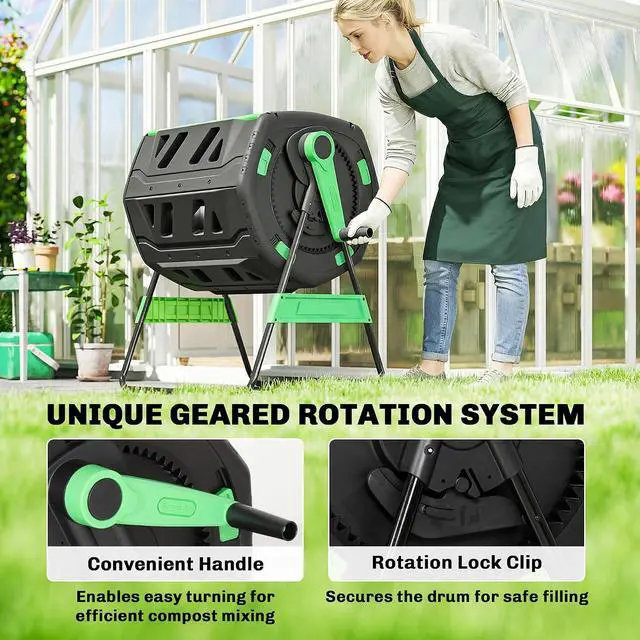 Alt view image 4 of 7 - Compost Bin Outdoor, 53 Gal Dual Chamber Compost Tumbler, Green | 8 Adjustable Vents, BPA Free, Rotating Tumbling Composter, 2 Sliding Doors, Metal Frame, for Kitchen Garden Yard