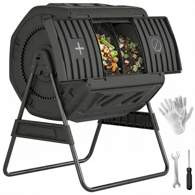 Main image of Compost Bin Outdoor, 53 Gal Dual Chamber Compost Tumbler, Black | 8 Adjustable Vents, BPA Free, Rotating Tumbling Composter, 2 Sliding Doors, Metal Frame, for Kitchen Garden Yard