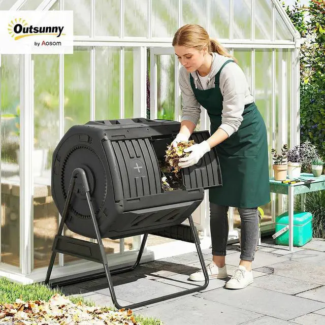 Alt view image 2 of 7 - Compost Bin Outdoor, 53 Gal Dual Chamber Compost Tumbler, Black | 8 Adjustable Vents, BPA Free, Rotating Tumbling Composter, 2 Sliding Doors, Metal Frame, for Kitchen Garden Yard
