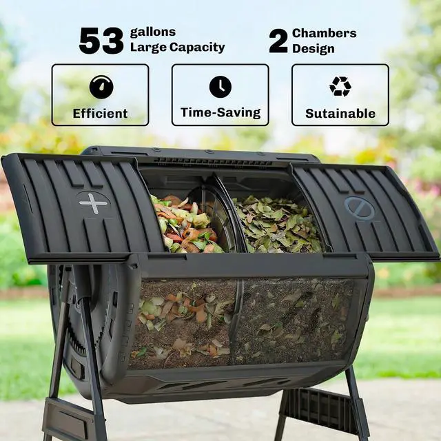 Alt view image 3 of 7 - Compost Bin Outdoor, 53 Gal Dual Chamber Compost Tumbler, Black | 8 Adjustable Vents, BPA Free, Rotating Tumbling Composter, 2 Sliding Doors, Metal Frame, for Kitchen Garden Yard