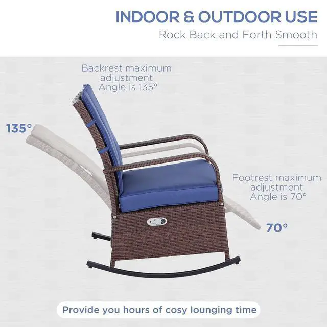 Alt view image 5 of 7 - Wicker Outdoor Rocking Chair, Patio Recliner with Cushions Blue | Adjustment Backrest, PE Rattan Lounge Chair, Adjustable Footrest, Garden, Backyard, Porch