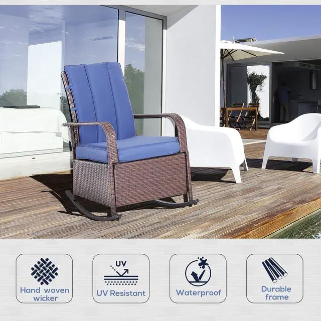 Alt view image 4 of 7 - Wicker Outdoor Rocking Chair, Patio Recliner with Cushions Blue | Adjustment Backrest, PE Rattan Lounge Chair, Adjustable Footrest, Garden, Backyard, Porch