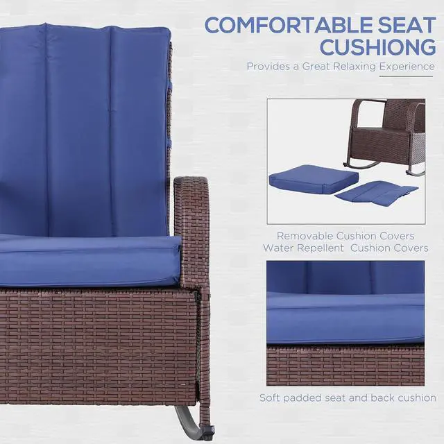 Alt view image 6 of 7 - Wicker Outdoor Rocking Chair, Patio Recliner with Cushions Blue | Adjustment Backrest, PE Rattan Lounge Chair, Adjustable Footrest, Garden, Backyard, Porch