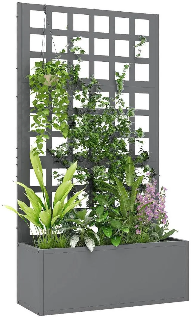 Main image of Galvanized Raised Garden Bedw/Trellis 24"x9"x44.5" Gray | Metal Planter Box with Drainage Holes, Outdoor Privacy Screen, Planter with Trellis, Climbing Plants, Vegetable, Vines